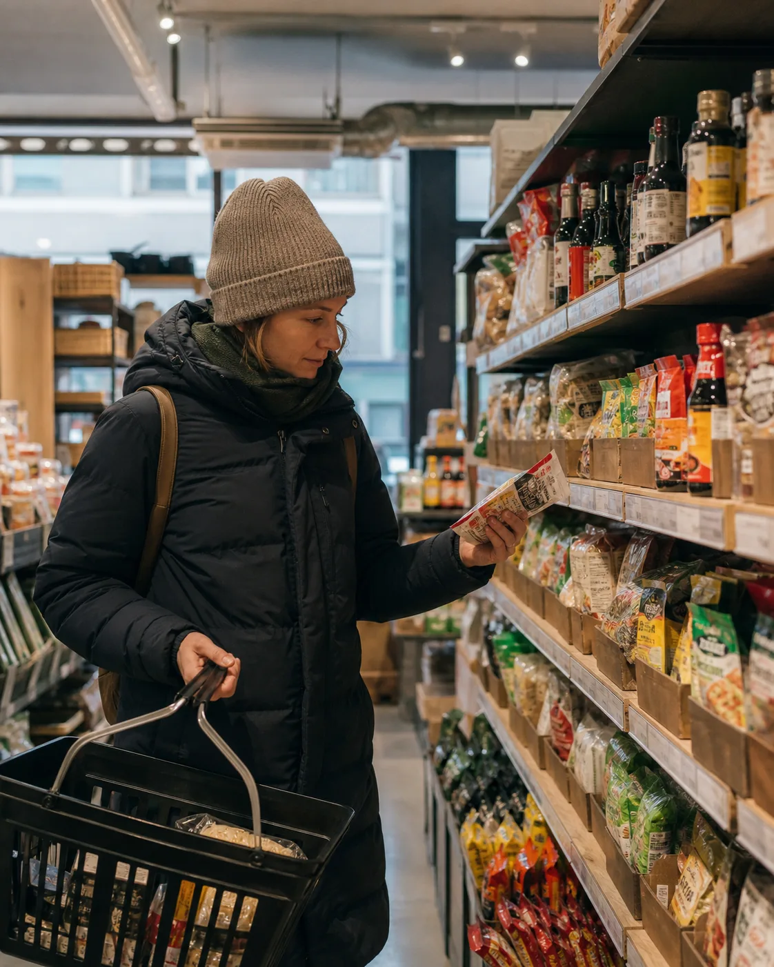 Customer browsing Asian grocery products in a modern store